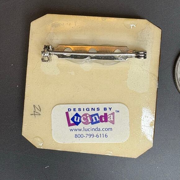 Designs by Lucinda Pin Brooch Lady in Chair Drinking Coffee 1.75" - Picture 3 of 3